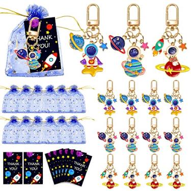 Imagem de Lembrancinhas de festa espacial astronauta, chaveiro espacial astronauta lembrancinhas de festa 12 conjuntos com etiquetas de agradecimento e bolsas de organza azul escuro para festas de aniversário de chá de bebê