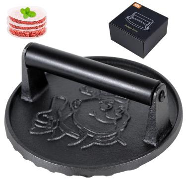 Imagem de Prensa de hambúrguer para serviço pesado com cabo de isolamento térmico - Esmagador de hambúrguer de ferro fundido de 17 cm, prensa de bacon, prensa de sanduíche para hambúrguer redondo para grelha-50 peças de papel para hambúrguer