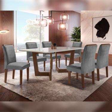 Imagem de Conjunto Sala De Jantar Nápoles Tampo Vidro/Mdf Com 6 Cadeiras Luísa Smart Plus Cel Móveis Chocolate/Off White/Cinza