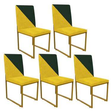 Imagem de Kit 05 Cadeira Stan Duo Sala De Jantar Ferro Dourado Suede Amarelo E Verde Musgo - Amey Decor