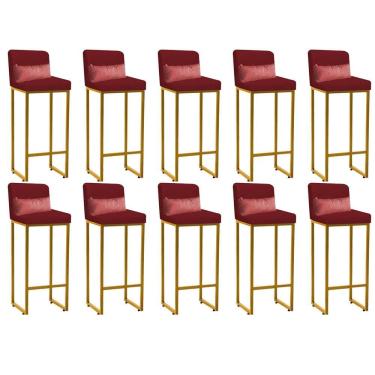 Imagem de Kit 10 Banqueta Alta Com Encosto Balcão Ferro Dourado Suede Vermelho E Almofada Rose Gold