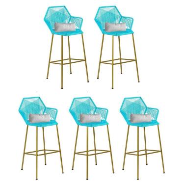 Imagem de Kit 05 Banqueta Alta Com Encosto Sttar Ferro Dourado Fibra Azul Turquesa Almofada Corino Branco