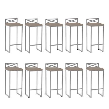 Imagem de Kit 10 Banqueta Alta Com Encosto Ema Balcão Ferro Cinza Suede Bege