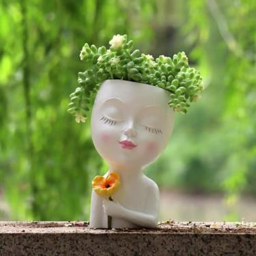 Imagem de Vaso de rosto para plantas de interior, elegante vaso de flores com rosto de menina segurando papoula, vaso de plantas pequeno e fofo com drenagem, cachepot de resina para cactos suculentos ao ar