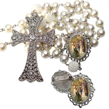 Imagem de Terço de Noiva de Luxo Cravejado com Broche de Lapela São Bráz Qualida