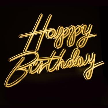 Imagem de Placa neon 3D Happy Birthday (50 x 35 cm) - Decoração de parede LED alimentada por USB com 5 níveis de intensidade de luz, branco quente e opções de luz rosa, inclui ganchos para decoração de festa em
