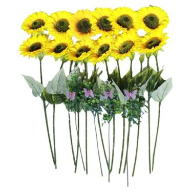 Imagem de Flores artificiais grandes de girassol realista com folha de eucalipto e borboleta de tecido, como um buquê de mesa ou decoração de jardim ao ar livre, 12 peças