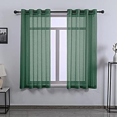 Imagem de DONREN Cortina de janela de voile semitransparente texturizada, 2 peças, para cozinha, janelas curtas, cortinas macias de luxo (137 L x 114 C, verde escuro)