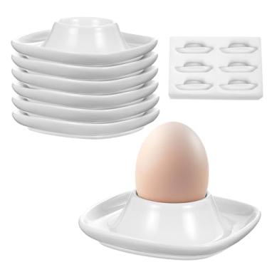 Imagem de Honeydak 6 peças de copos brancos de cerâmica para ovos cozidos macios, pratos de porcelana empilháveis com caixa de embalagem para decoração de mesa de servir de cozinha e café da manhã
