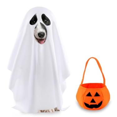 Imagem de GOYOSWA Fantasia de fantasma de cachorro, fantasia de Halloween, fantasia de fantasma branco, saco de doces de abóbora, fantasias engraçadas para cães pequenos, médios e grandes (pequeno)