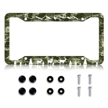 Imagem de Moldura de placa de licença Camo Hunting Deer - Suporte de placa de licença de floresta de cerveja de montanha, peças de aço inoxidável à prova de ferrugem, decoração de capa de placa de licença para