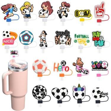 Imagem de Pacote com 20 tampas de palha de futebol para copos, 10 mm bonito topo de palha à prova de poeira para garrafas de água Stanley copos acessórios presentes para mulheres lembrancinhas de festa