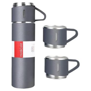 Imagem de Conjunto Garrafa Térmica 500ml com 3 Canecas Inox | Ideal para Café, Chá, Bebidas Quentes e Frias | Portátil, Resistente e Elegante – Cor Cinza