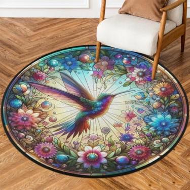 Imagem de Tapete redondo de 900 cm, colorido, flor, pássaro, área de círculo, lavável, antiderrapante, capacho interno para sala de estar, quarto, sala de jogos, berçário, decoração de quarto, tapete para