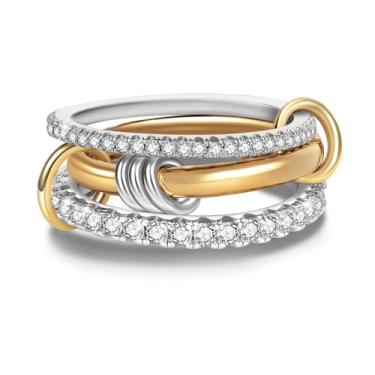 Imagem de KALOAURA Anéis empilháveis de ouro e prata para mulheres, não manchados, banhados a ouro 14 k, conjunto de anéis interligados de zircônia cúbica grossa, zircônia cúbica, multielos, mistos, joias para