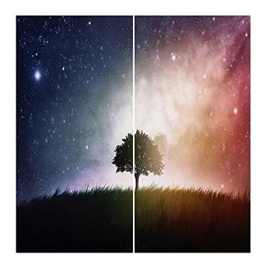 Imagem de Cortina blecaute espacial, árvore única no campo de Meadow Valley com estampa de exibição espiritual do universo de estrelas, para quarto, jardim de infância, sala de estar, L 132 x C 182 cm azul