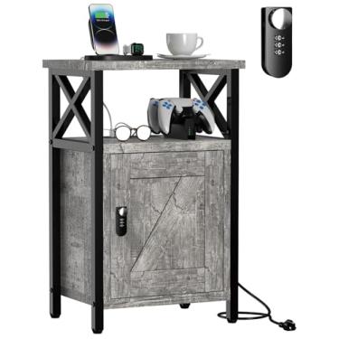 Imagem de runjuly Criado-Mudo De Madeira Com Fechadura, Gavetas Para Mesa Cabeceira, Estação Carregamento 3 Usb E 2 Tomadas, Armazenamento Criado-Mudo, Mesas Laterais Sala Estar, Quarto (Cinza-Acinzentado)