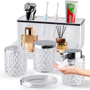 Imagem de BSSN Conjunto De Acessórios Banheiro Vidro Com 5 Peças, Dispensador Sabão Espuma Transparente, Prato, Copo, Pote Cristal Para Cotonete, Suporte Escova Dentes Acrílico Organizador Bandeja, Decoração