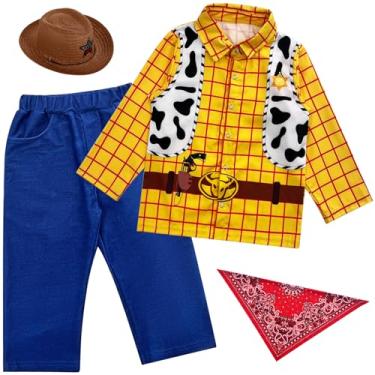 Imagem de Zusnxaxe Conjunto de fantasia de cowboy infantil com camisa xadrez amarela, calça azul, chapéu marrom e bandana vermelha, roupa estilo ocidental, 6T