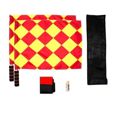 Imagem de Bandeira de árbitro de futebol, conjunto de bandeiras de homem de linha quadriculado com estojo, punho de espuma de mastro de metal à prova d'água, cartões amarelos vermelhos com caderno e lápis, apitos de aço inoxidável com cordão 2 peças (estilo 1)