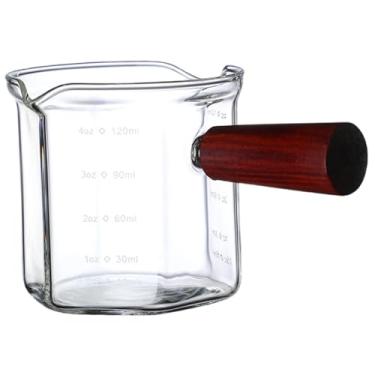 Imagem de Copos de café expresso, copo medidor de café expresso, copo de shot de 120 ml/116.2 g com cabo de madeira e bicos duplos, acessórios de café resistentes ao calor para casa, loja, vidro de medição