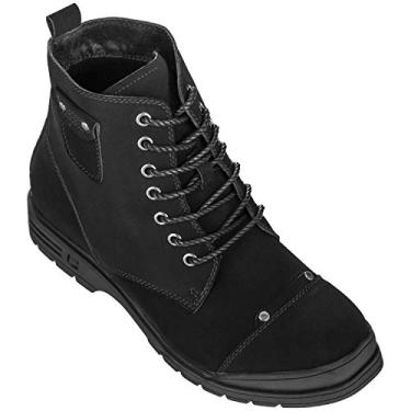 Imagem de Calden sapato masculino invisível com elevação de altura – Botas de cano curto estilo militar com cadarço de couro nobuck preto – 8 cm mais alto – K18135, Preto, 7.5