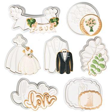 Imagem de Flycalf Kit de decoração de cortadores de biscoito de casamento, com carimbo estêncil amor de 8,88 cm sanduíche para decoração de bolos de cozinha para crianças, 7 peças ferramentas de fondant para festas de aniversário de Natal