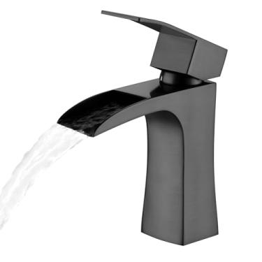 Imagem de Torneiras misturadoras de pia de banheiro, torneiras de cachoeira para pia, torneira de vestiário moderna quadrada, torneira misturadora de lavatório de aço inoxidável, cinza metálico