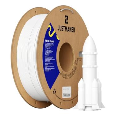 Imagem de JUSTMAKER Filamento rápido para impressora 3D PETG, impressão de alta velocidade, material multifuncional, precisão dimensional +/-0,03 mm, 1,75 mm, 1 kg, branco