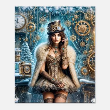 Imagem de PUREVACY Arte de parede da rainha da neve steampunk. Arte em tela de inverno para sala de estar, quarto. Arte dourada e azul para estilo acima da cama tamanho vertical 50 x 60 cm / 20 x 24 ″