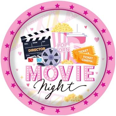 Imagem de 24 peças de pratos de papel rosa pipoca, 23 cm – tema noturno de filme, suprimentos de festa descartáveis para festas de aniversário, reuniões de família, chás de panela, churrascos de verão