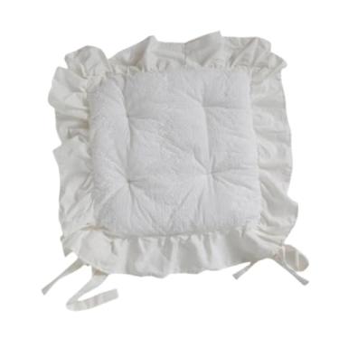 Imagem de Ｂｅｓｇａ Almofada de assento com babados e laços, elegante tapete de assento quadrado com babados e estampa de flores para pátio, cozinha casamento, Flor Branca