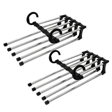 Imagem de Kit 2 Cabide Multifuncional 5 Divisórias Retrátil Inox – Organizador Vertical Horizontal que Economiza Espaço no Guarda-Roupa – Ideal para Calças, Bermudas, Saias, Gravata