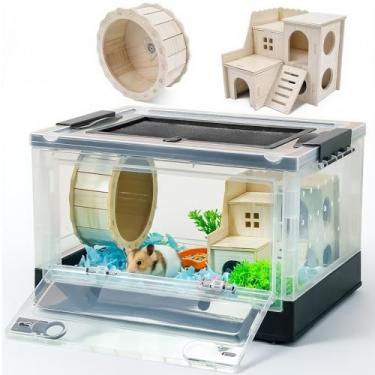 Imagem de Wedoelsim Gaiolas de hamster portáteis e dobráveis com rodas e habitats com castelo e roda de exercícios, fáceis de mover, adequadas para porquinhos da índia, porquinhos da índia, ratos e outros animais pequenos (preto, M)