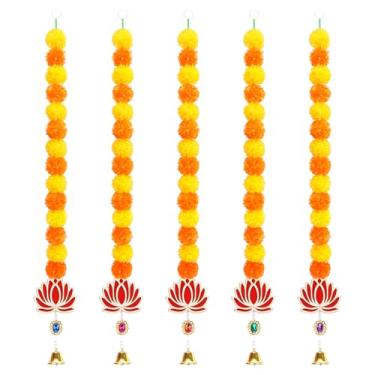 Imagem de 5 peças de guirlanda de calêndula artificial com lótus e sino para decoração de Diwali, flores artificiais longas para casamento/Pooja/festa de Natal, decoração de casa para porta de parede