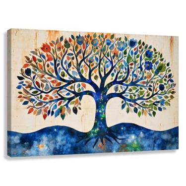 Imagem de Árvore da Vida Arte de Parede Impressão em Tela Decoração Life'S Harmony Folhas Vibrantes Azul Verde Sala de Estar 90x60cmx1