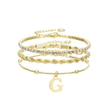 Imagem de Pulseiras de ouro para mulheres – Conjunto de joias de pilha de pulseiras de ouro delicadas com iniciais personalizadas, linda caixa de corda, corrente de corrente, pulseiras de tênis, presentes para