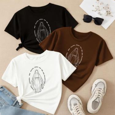 Imagem de Kit com 3 Camisetas Estampadas Nossa Senhora das Graças Católica Modin