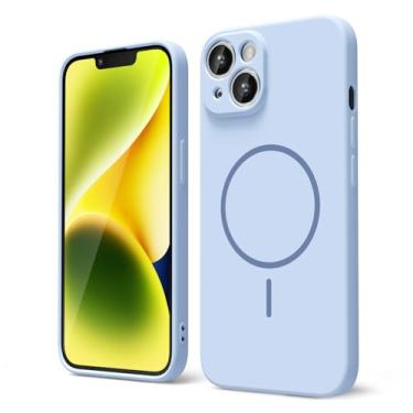 Imagem de oakxco Capa de silicone para iPhone 13 iPhone 14, capa magnética fina e fina compatível com Magsafe, mulheres meninas fofas femininas estéticas macias gel segurança com capa para câmera, azul claro