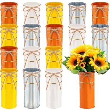 Imagem de Mimorou 16 peças de vasos de 19 cm para centros de mesa, vasos de pedreiro com laço de barbante, vaso de flores de metal galvanizado, rústico, vintage, balde de estanho para mesa de casa de casamento