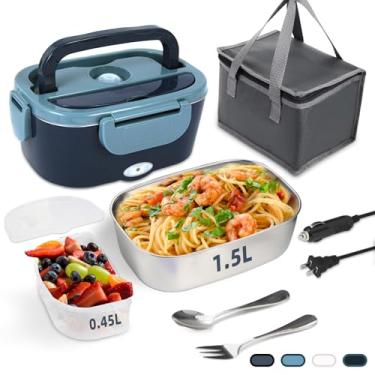 Imagem de SOHIDA Lancheira elétrica, aquecedor de alimentos portátil de 12 V/24 V/110 V com garfo e colher SS para carro/caminhão/escritório, lancheira com aquecimento automático de 80 W com recipiente de aço