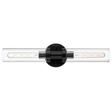 Imagem de Iluminação de parede de arandelas pretas, 2 luzes de banheiro com sombra de vidro transparente, luzes modernas montadas na parede para espelho, penteadeira de maquiagem, cozinha, banheiro, corredor