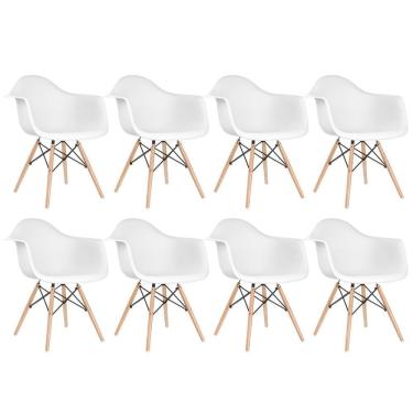 Imagem de Kit 8 Cadeiras Charles Eames Eiffel Daw Com Braços E Pés De Madeira Clara Branco