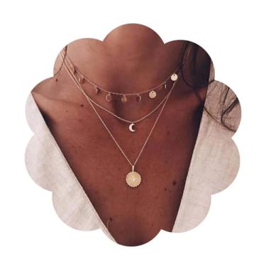 Imagem de YienDoo Colar Boho em camadas de moeda, gargantilha dourada, vintage, sol e lua, colar com pingente de disco redondo e crescente, joia feminina