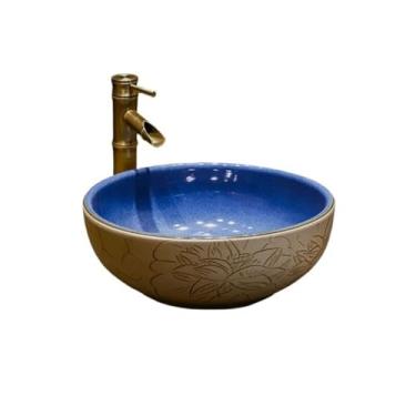 Imagem de YANIR-137 Bacia de pia de vaso de banheiro pia de cerâmica antiga lavatório de bancada esculpido à mão lavatório de banheiro lavatório de mão redondo lavatório acima do balcão pia de banheiro