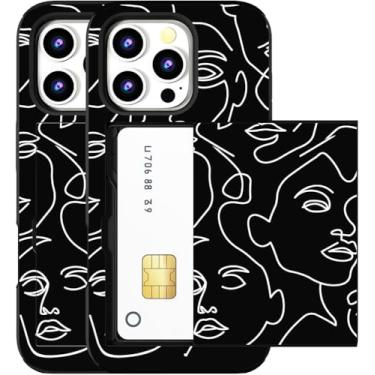 Imagem de MUQR Capa compatível com iPhone 15 Pro Max com porta-cartão fofo - Design Kawaii proteção contra quedas de grau militar capa carteira robusta para mulheres (arte de linha abstrata preta)