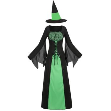 Imagem de GRAJTCIN Wicked Witch Costume for Women Gothic Sorceress Halloween Party Cosplay Dress with Hat (XL, Black Green)
