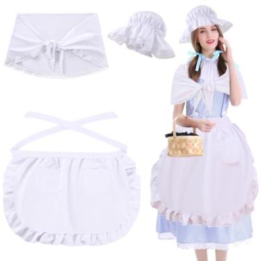 Imagem de RRBXIA Conjunto de 3 peças de fantasia colonial para mulheres, boné de máfia branca, xale, meio avental, empregada doméstica, peregrina, camponesa, fantasia, cosplay para meninas, Branco, One size