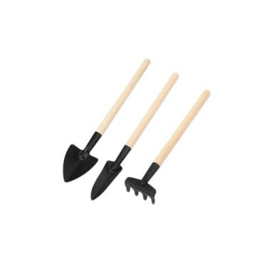 Imagem de Ferramenta Jardinagem Mini Pazinha Ancinho Ferro Madeira Jardim 3un - 