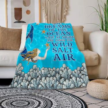 Imagem de Cobertor de sereia oceano – "She Dreams of the Ocean" manta de lã macia citação oceano para mulheres meninas adolescentes – Cobertor náutico para decoração de vida marinha (75 x 99,8 cm)